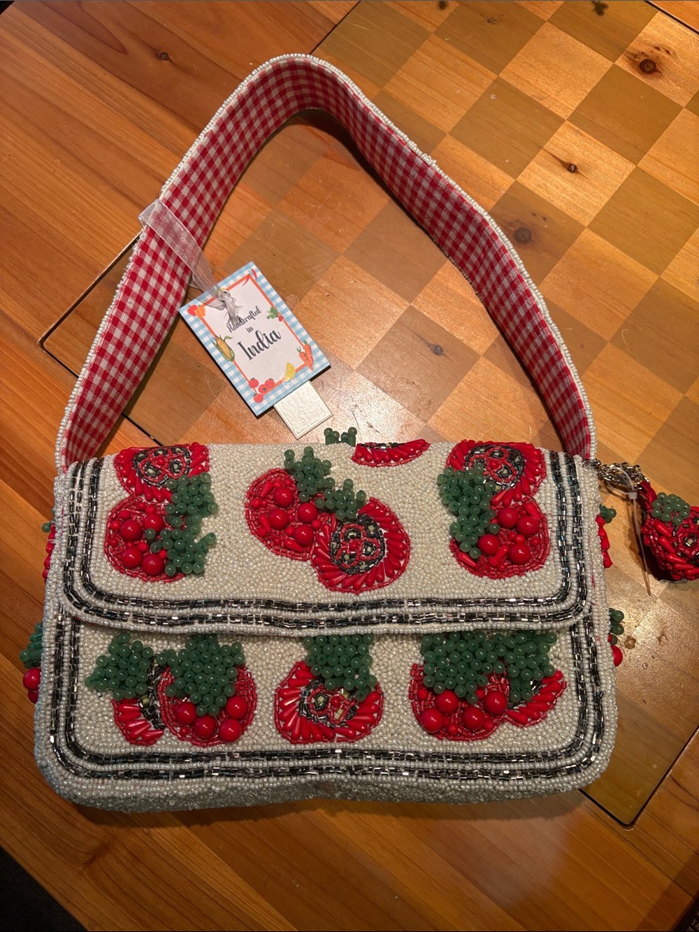 Beaded tomato Accent Shoulder Bag - White, Red & Green